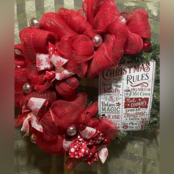 New Christmas Rules  Wreath handmade‎ wreath by me! 14-inch base Red White - Picture 1 of 2